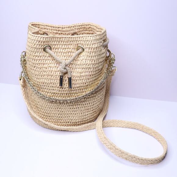 PACO RABANNE Natural Raffia Bucket Bag Gold Chain Link Top Handle Crossbody Bag - Picture 1 of 11